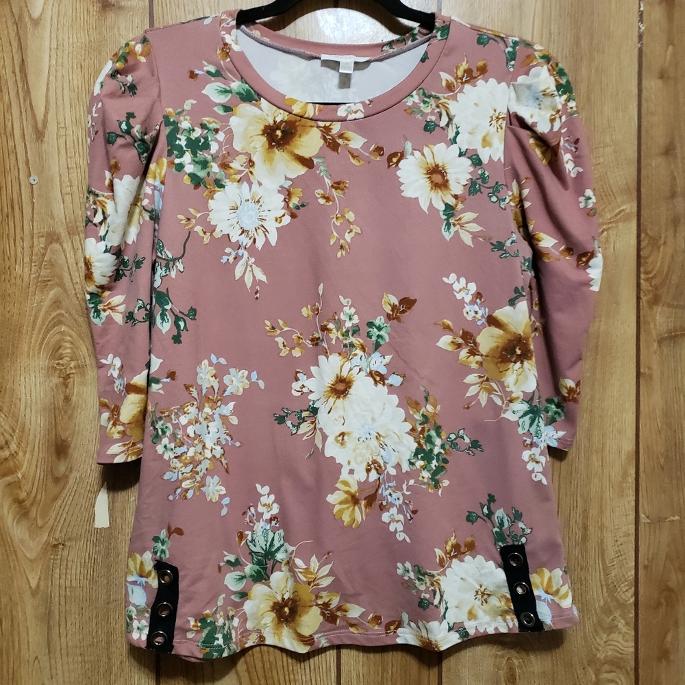 Persaya Knit Floral Blouse Sm Dusty Pink Floral Ribbon Accent Puffed 3/4 Sleeve